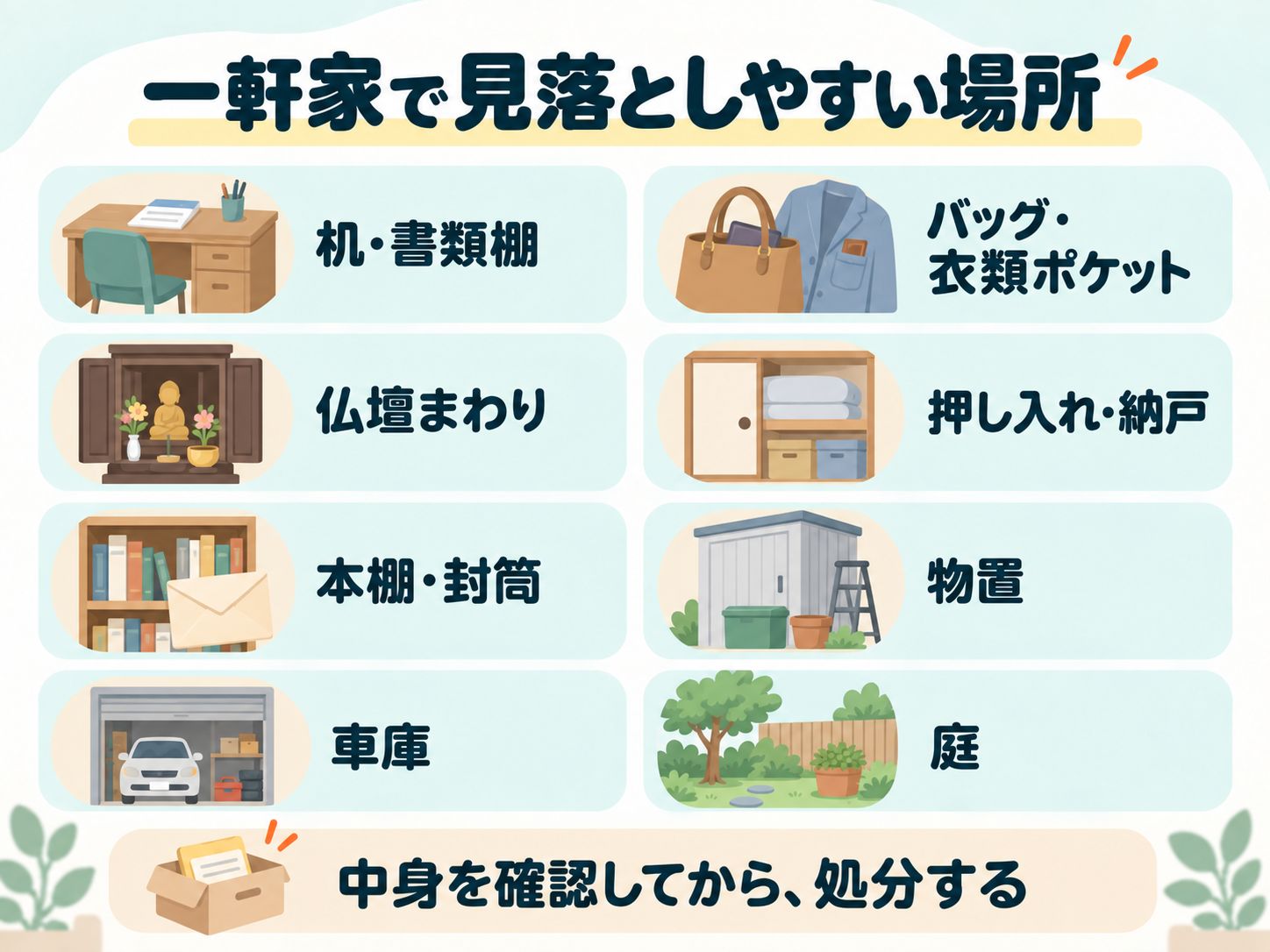 一軒家の遺品整理で見落としやすい場所の一覧